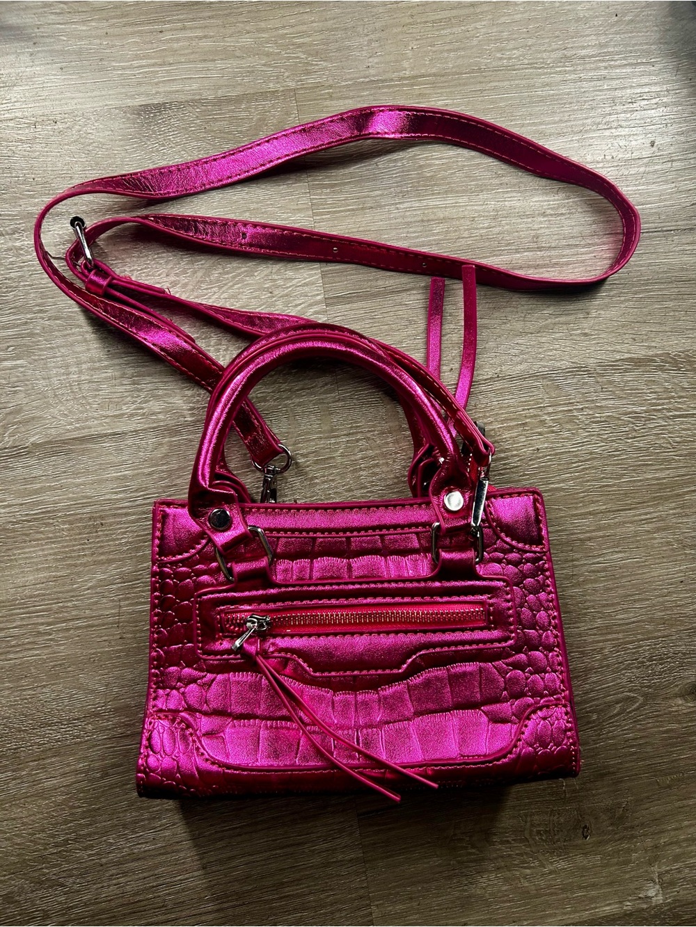 Metallic Pink Croc-Embossed Mini Crossbody Bag